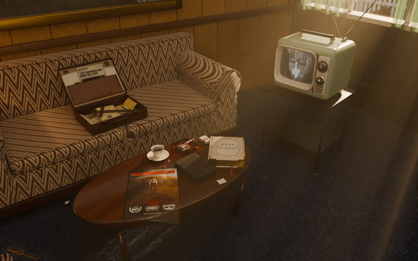 A 1962 living room: chevron sofa with an open salesman's case, a coffee table with Bibles, a smoking ashtray and the film's poster, and a powder-green television by a sunny window.